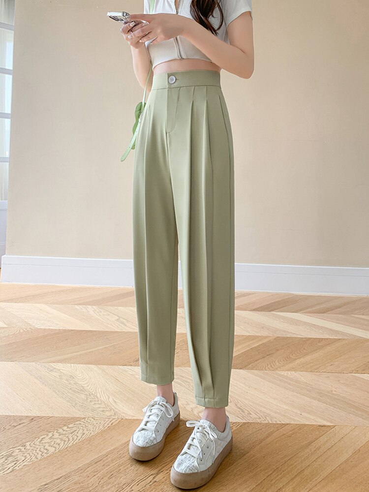 여성을위한 캐주얼 하이 웨이스트 와이드 레그 바지 2022 여름 얇은 하렘 바지 한국어 발목 길이 양복 바지 Y2k Streetwear Bottoms